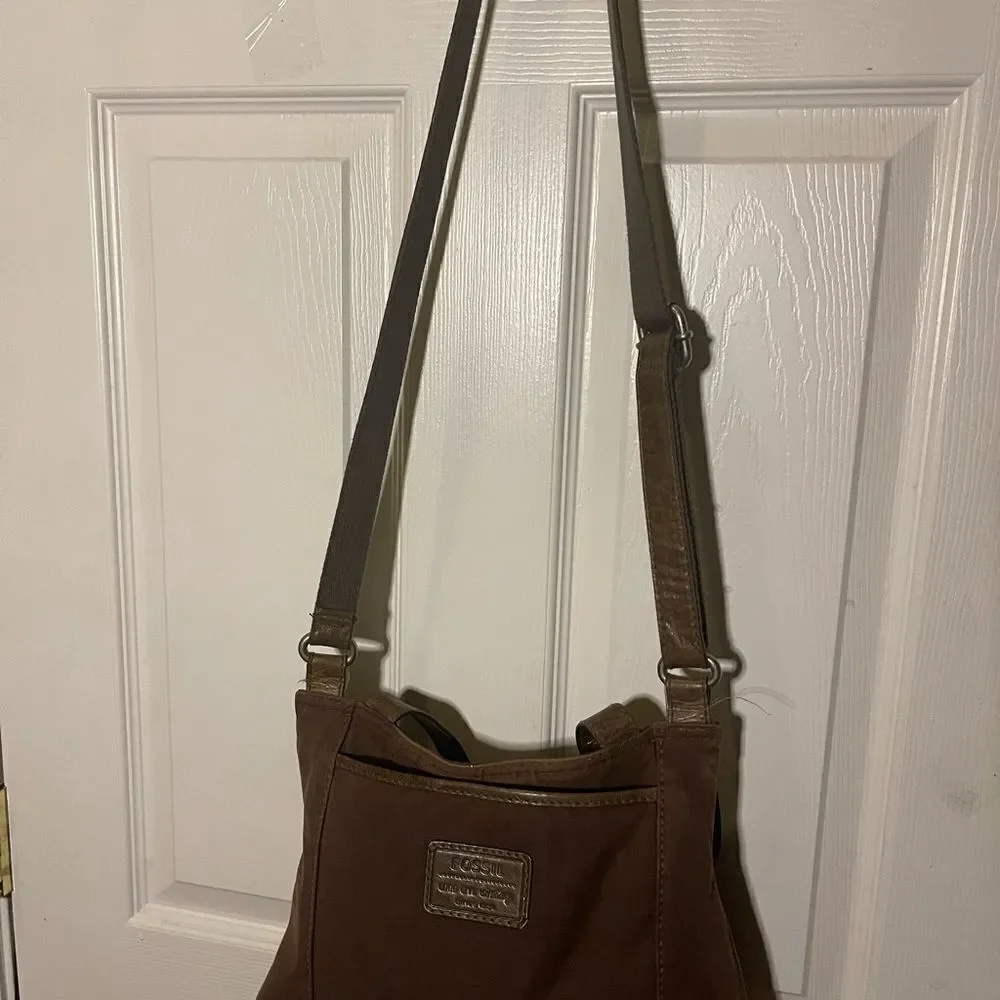 FOSSIL Long Live Vintage leather Distressed Brown&Canvas Messenger Crossbody Bag